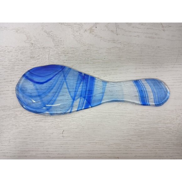 Vintage Cobalt Blue And Clear Abstract Art Glass Spoon Rest Mid Century Modern - Picture 4 of 4